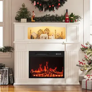 PUKAMI 43" Electric Fireplace with Mantel, 14-Color LED Light Strip, 23 inch Insert, Freestanding TV Stand with Heater, Wooden Surround, Faux Log & LED Flames, Remote Control, 750W/1500W