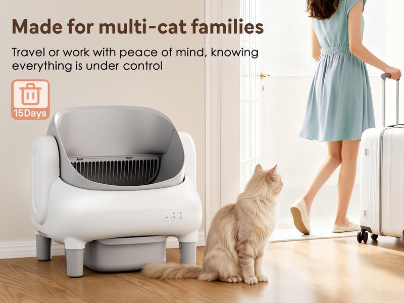 Multi-Cat Smart Self-Cleaning Litter Box, Open-Top APP Control, Odor-Free Waste Disposal includes Trash Bags