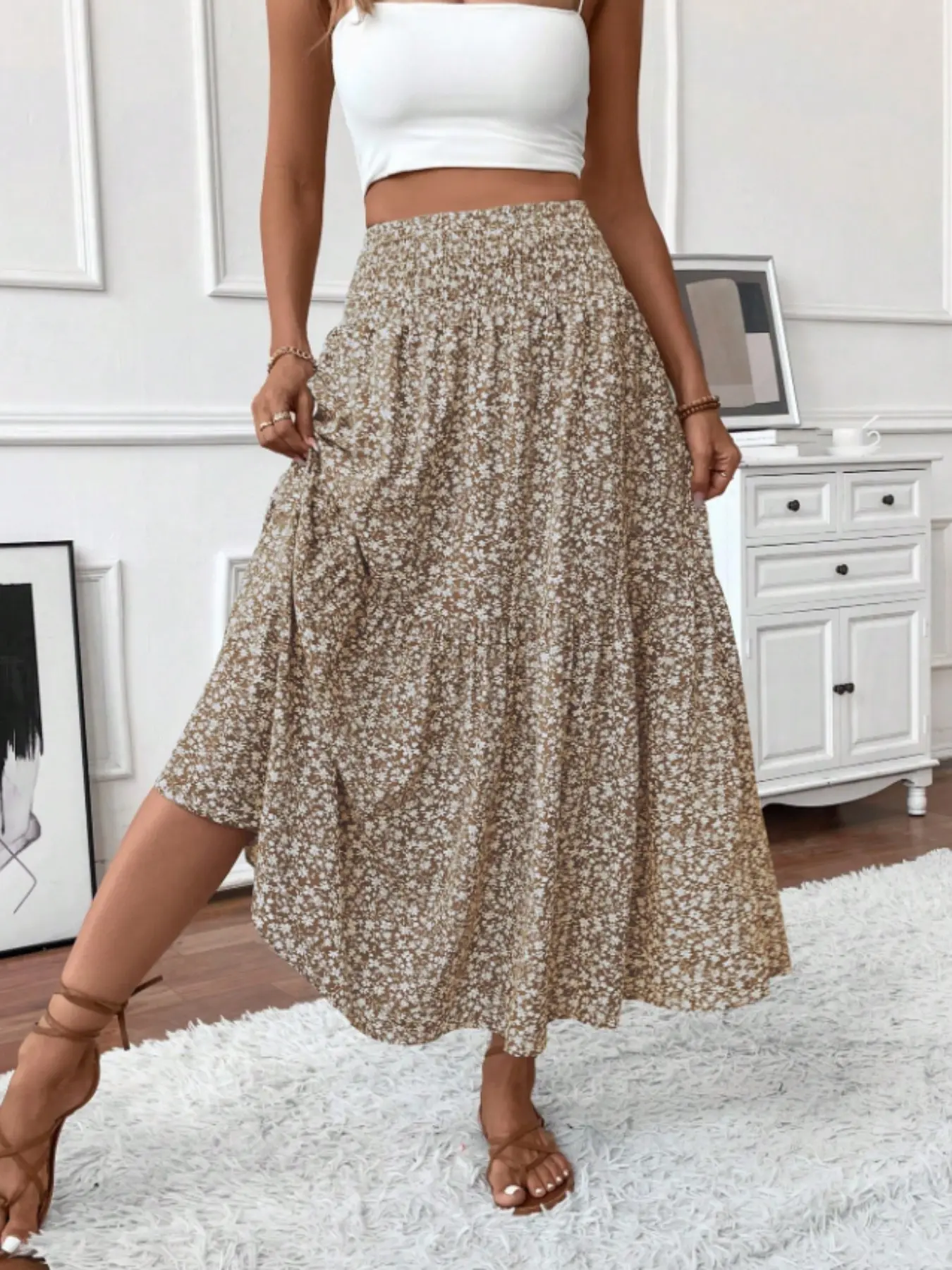 Women's Casual Comfortable Stylish Aesthetic Bohemian Ditsy Floral Loose Elastic Waistband A-Line Long Skirt for Vacation, Spring & Summer