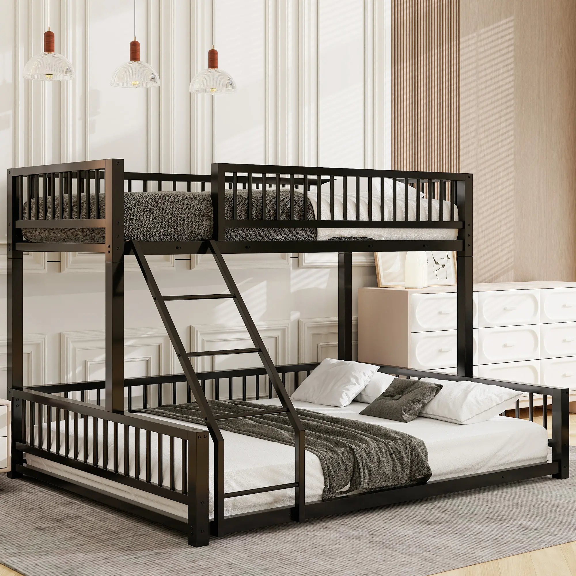 Heavy-Duty Metal Twin XL-over-Queen Loft Bed Frame (Bunk Bed) with Ladder, Guard Rails, Easy Setup, Space-Saving Detachable Design, Glam Indoor Furniture for 2 Users (82.30x62.30x58.50 in)