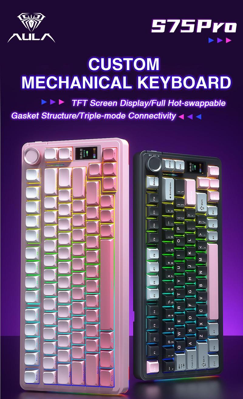 AULA S75 Pro Wireless Mechanical Gaming Keyboard with Screen Knob RGB Backlit Tri-Mode 2.4G USB-C Bluetooth5.0 Hot Swappable Gasket for Gamers PC Accessories
