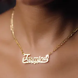 [Tres Colori] Gold Plated Diamond Cut Name Necklace Personalized Custom Name Pendant Necklace with Figaro Chain Minimalist Personalized Jewelry for Women & Men Daily Wear Fashion Gift