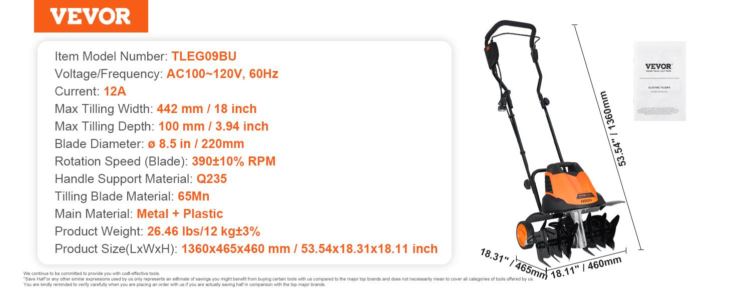 VEVOR 12 Amp Electric Tiller, 18" Tilling Width 3.94" Tilling Depth Corded Electric Tiller/Cultivator, Steel Mn Tines, Rototiller for Garden Lawn Soil Digging