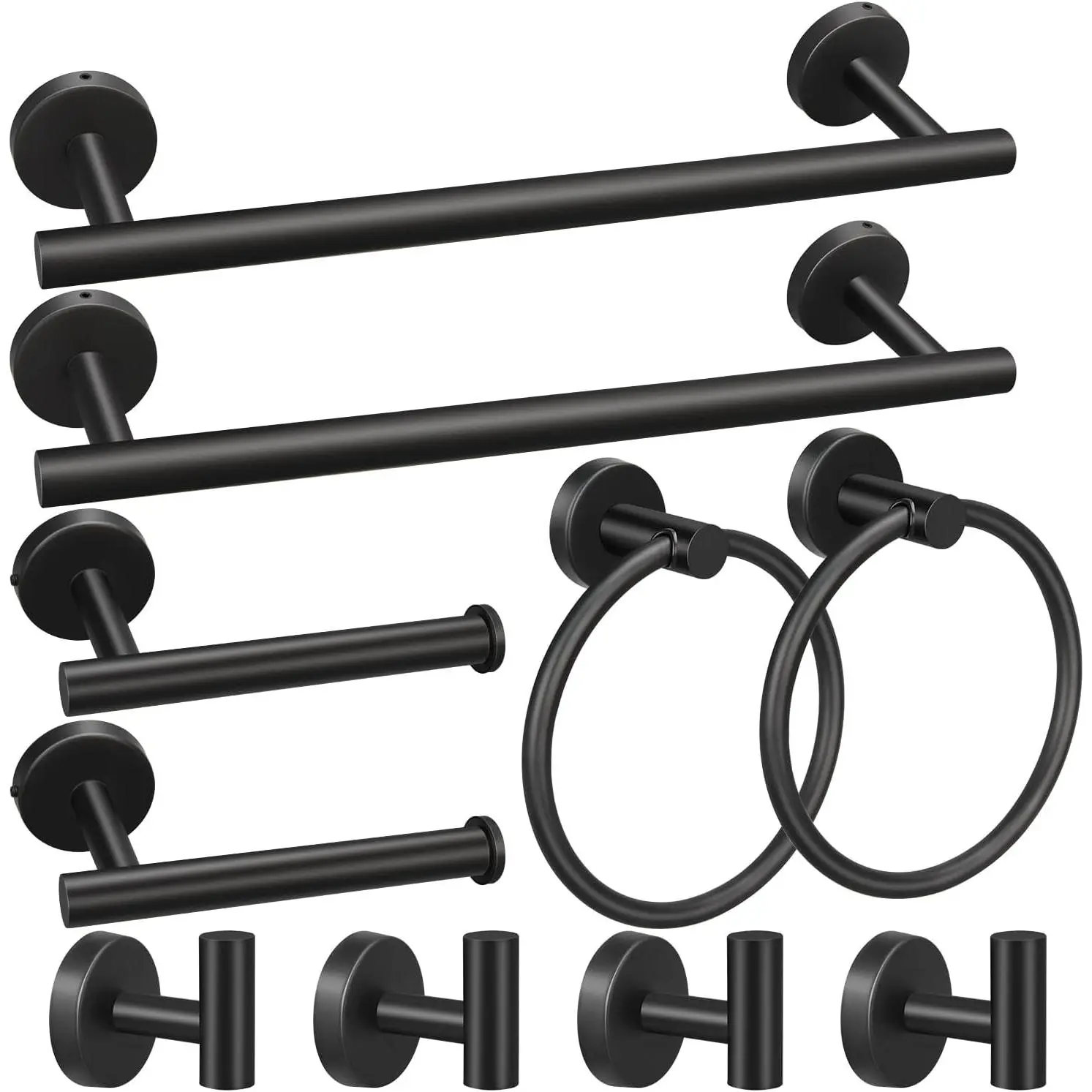 10-piece bathroom hardware set, including 16inch towel bars, toilet paper holder, towel ring, and robe towel hook