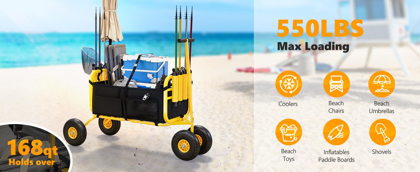 Bonnlo Beach Fishing Cart, Beach Wagon Trolley with 11" Big NO-Flat Airless Tires, Foldable Beach Trailer with Large Cargo Basket, 550 lbs Load Capacity, 8 Fishing Rods Holder, Durable Oxford Bag
