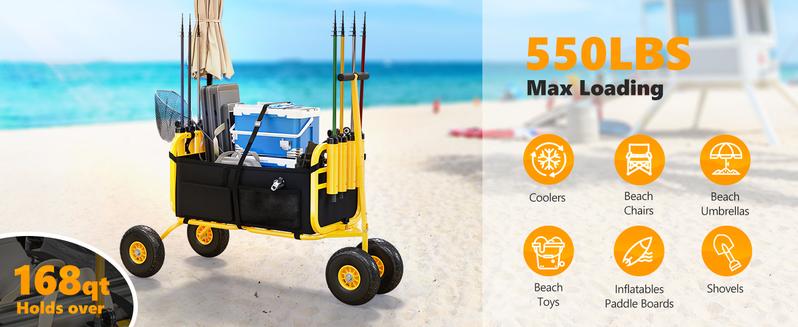 Bonnlo Beach Fishing Cart, Beach Wagon Trolley with 11" Big NO-Flat Airless Tires, Foldable Beach Trailer with Large Cargo Basket, 550 lbs Load Capacity, 8 Fishing Rods Holder, Durable Oxford Bag