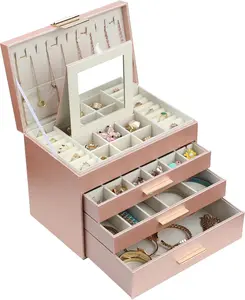 BOOVO Jewelry Boxes for Women, 4 Layer Jewelry Organizer with Necklace Hanger and Drawers, Large Jewelry Box for Earrings, Necklace and Bracelet Storage Gifts for Women and Girls