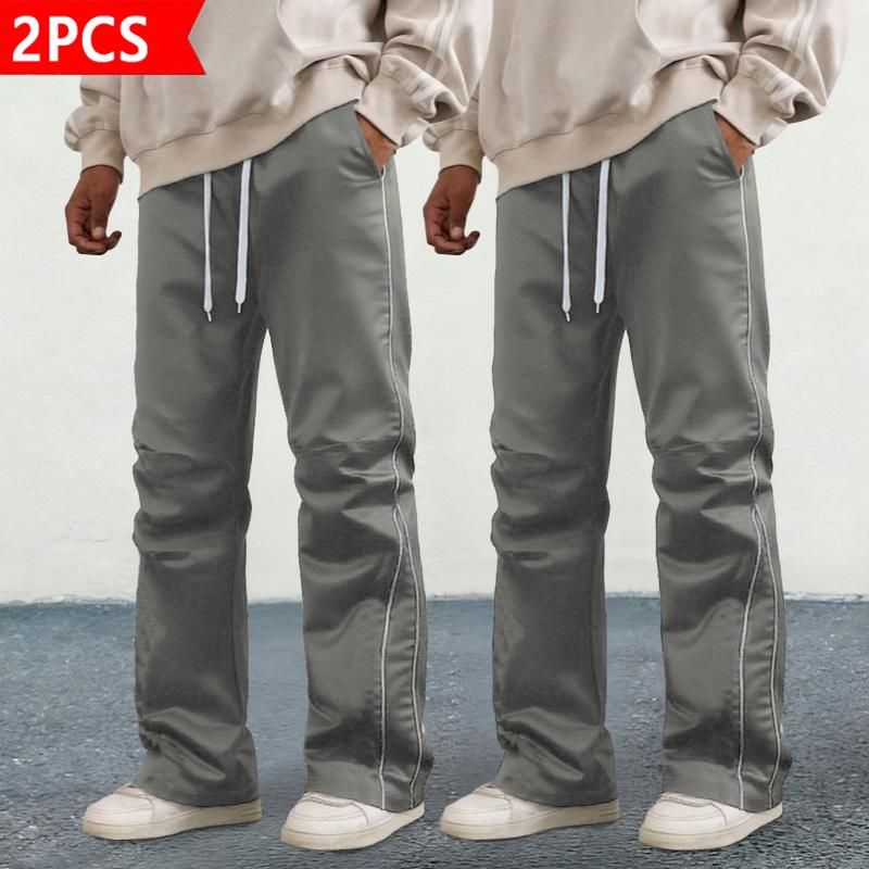 Men's Stacked Track Pants 2-Pack - Streetwear Hip Hop Contrast Piping Wide Leg Pants, Drawstring Waist Casual Baggy Trousers, Lightweight Satin Fabric for Daily Wear, Hip Hop & Street Style. Beige Crewneck