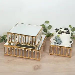 Set of 3 Crystal Pendant Gold Metal Cake Stands, Stackable Square Dessert Display Trays with Mirror Top - 7",10",12"