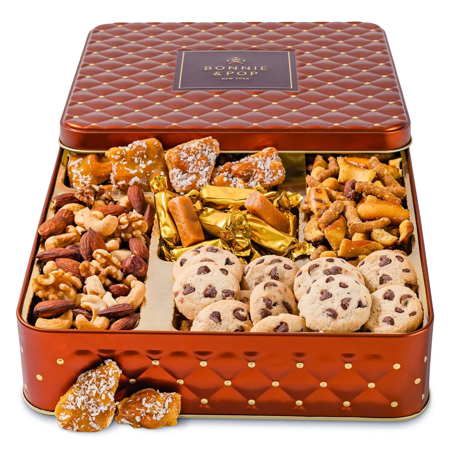 Elegant Square Gift Tin with Chocolate, Nuts & Caramel Treats
