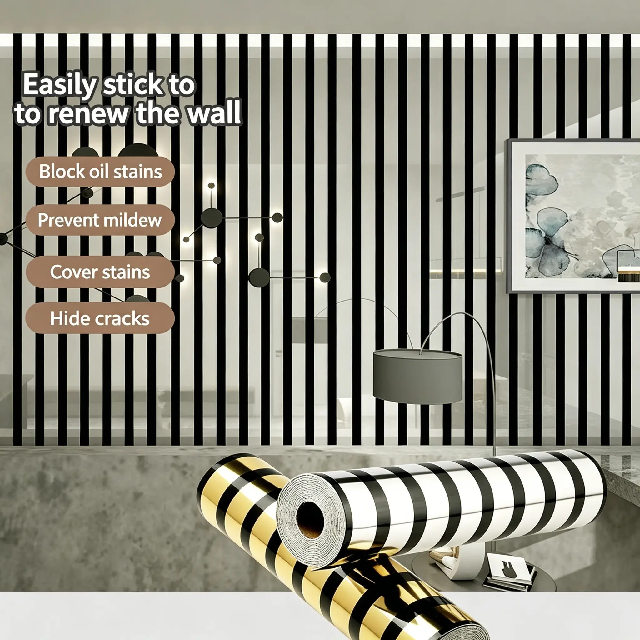 Mosaic Gold Silver Stripe Grid Decorative Wallpaper, 3D Mirror Effect Wall Decor, Ideal for Interior Wall, Accent Walls, TV Wall, Sofa Background, Entryway, Living Room, Bedroom, Geometric Wallpaper