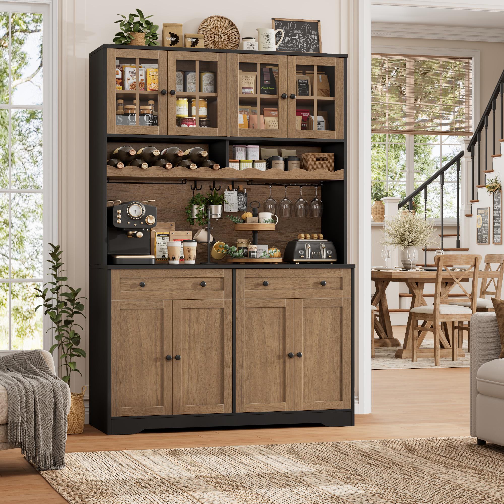 【2 Packages Shipping】HOSTACK 75.4" Tall Kitchen Pantry Cabinet with Charging Station, Hutch, Microwave Stand, Wine Rack, Large Pantry Storage Cabinet with Glass Doors, Drawers