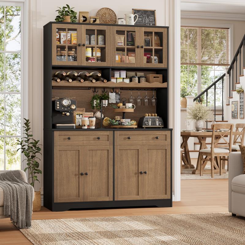 【2 Packages Shipping】HOSTACK 75.4" Tall Kitchen Pantry Cabinet with Charging Station, Hutch, Microwave Stand, Wine Rack, Large Pantry Storage Cabinet with Glass Doors, Drawers