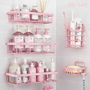 Sky Lab Pink 5-Pack Bathroom Accessories Set No Drill Strong Adhesion Shower Caddy Rustproof Waterproof Hollow Drainage Storage Rack with Toothbrush Soap Holder Large Capacity Minimalist Wall Mounted for Bathroom Kitchen Smooth