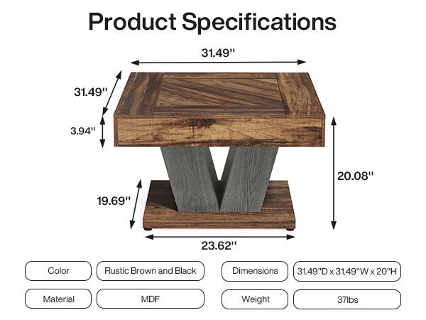 Tribesigns Square Coffee Table, Rustic Brown & Black Modern Center Table with Adjustable Foot Pads for Happy Hours, Living Room, Cocktail Tea Table, and Decorative Items