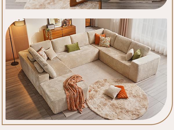 OOSWIFT 135" Boneless Modular Sectional Sofa - High-Density Foam & Pocket Spring, Plush Corduroy CloudCouch with Deep Seat, Ultra-Soft Pet & Kid FriendlyThickened Cushion for Large Living Room Family Lounge,Ideal for Working Reading Relaxing