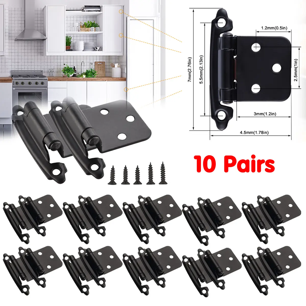 Kitchen Cabinet Hinges, 10 Pairs Satin Nickel Rust-Resistant Automatic Closing Face Mount Hinges for Cupboard Doors, Black Variable Overlay Door Hardware, Automatic Closing Hinges