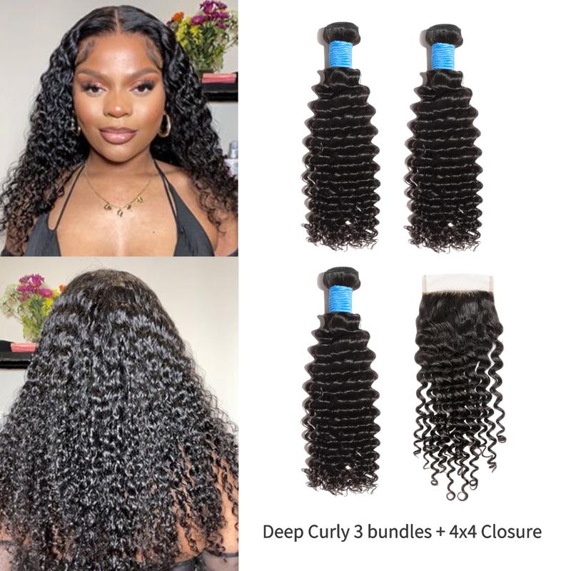 [Valentine's Day Special]  Ashine Vacation Hair 10A Brazilian Virgin 100% Human Hair Deep Wave Deep Curly Bundles Sew In Quick Weave Ponytail Closure Extensions One-directional Cuticles-sleek, Tangle-resistant, and Re-wearable 12-30 Inches Afro Kinky Bulk