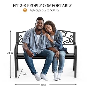 VINGLI Outdoor Bench for Patio Metal Garden Bench w/PVC Back Pattern, Black Park Bench Front Porch Bench for Yard Lawn Decor Deck Entryway