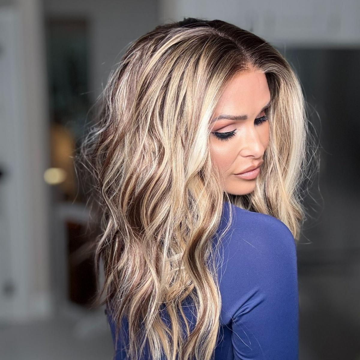 Sierra by AISOM Honey Mocha Blend Beach Wave 13x4 Free Part Lace Wig for Women Heat Friendly Synthetic Lace Front Wig 18 Inches