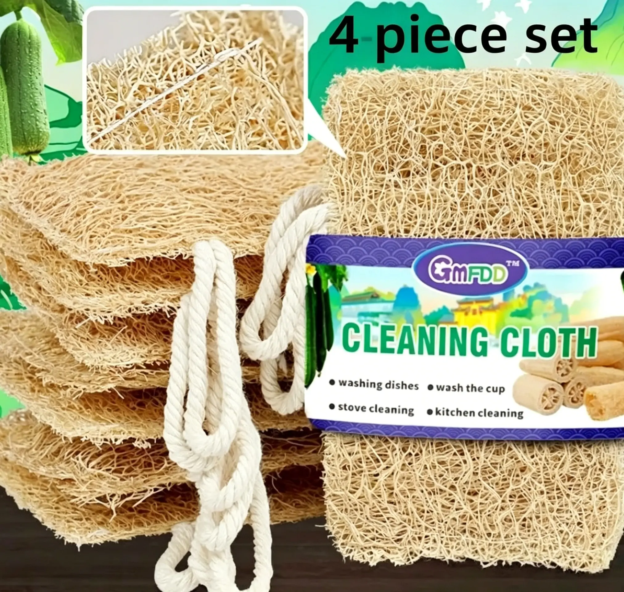 Eco-Friendly Natural Loofah Brush Set, 4-Piece Cleaning Scouring Pads - Natural Fibers, Soft Texture, Scratch-Safe for Kitchen Clean Home Care Supplies, Four Pieces