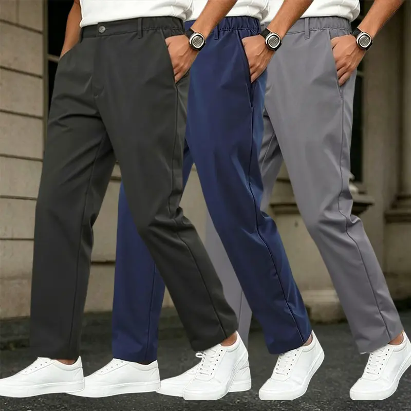 Men’s 3-Pack Plain Lightweight Polyester-Elastic Pants - Elastic Waistband, Straight Cut, Expandable, Boot-Friendly, Button-Accented Spring/Summer Business Casual Trousers