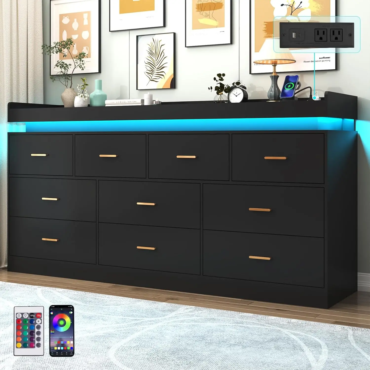 Dresser with LED Light, Modern Chest of Drawers for Closet, Wide Drawer Organizer Cabinet for Bedroom, Living Room, Entryway, Hallway, White/Black