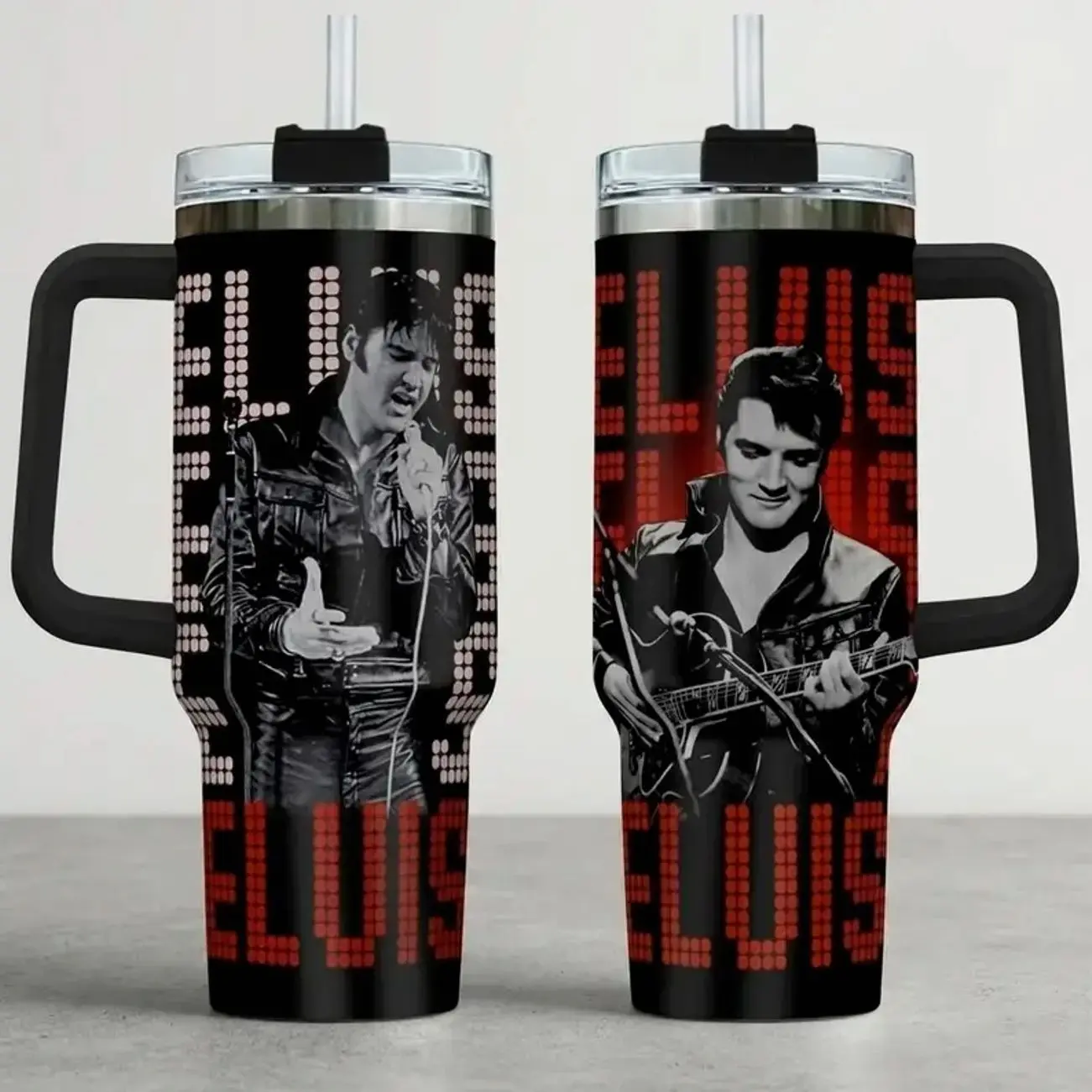 Elvis Presley Inspired 40oz 30oz 20oz, Stainless Steel Insulated Travel Mug, Rock and Roll Music Fan Cup, Guitar Photo Collage Design, Gift for Adults