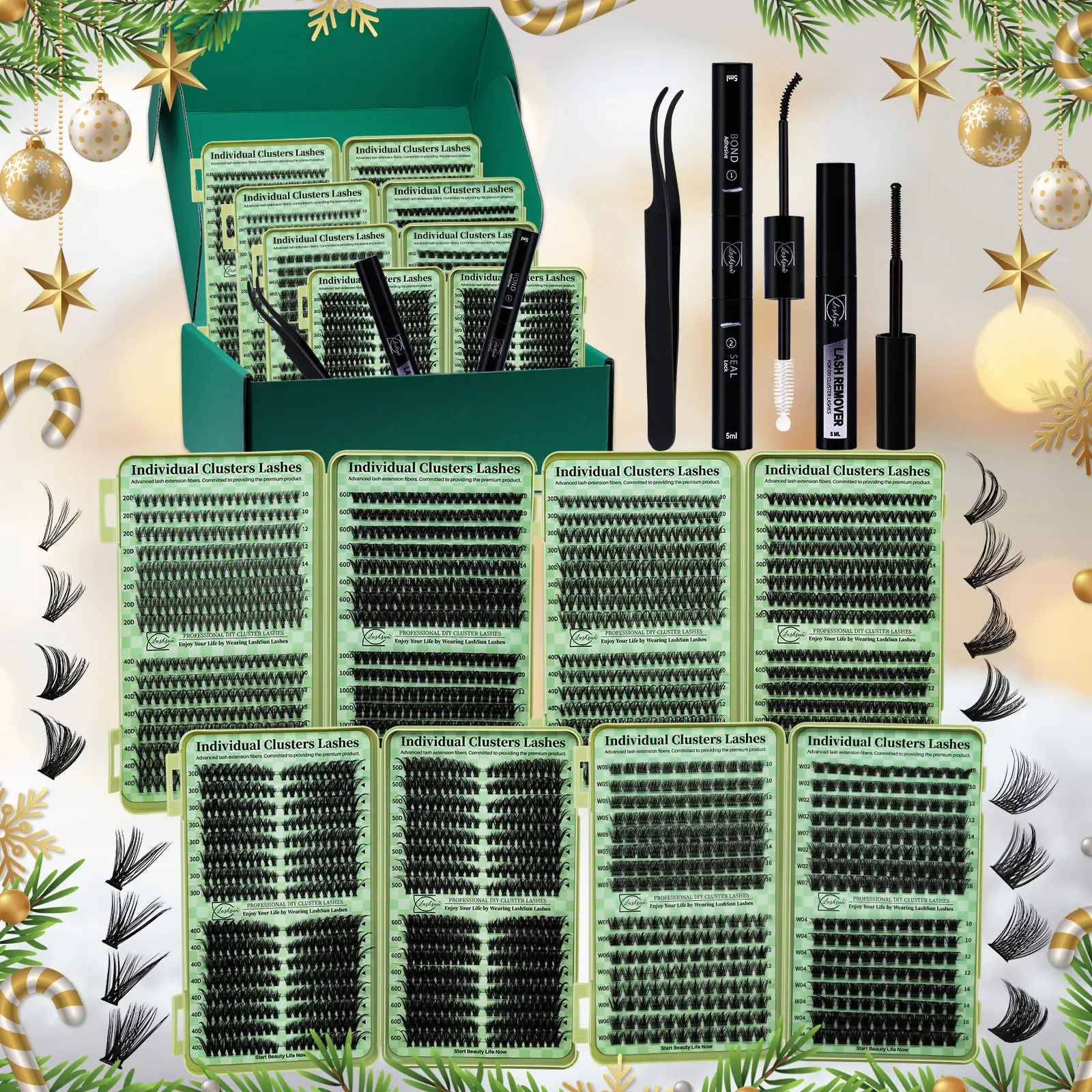 LASHSUN Eyelash Extension, DIY Cluster Lash Extensions, 2304PCS Individual Lash Clusters 14 Styles Mixed 10-16mm Cat/Wispy Lashes Kit with Bond & Seal, Lash Remover and Tweezers for Beginners, Soft Comfortable Easy to Apply
