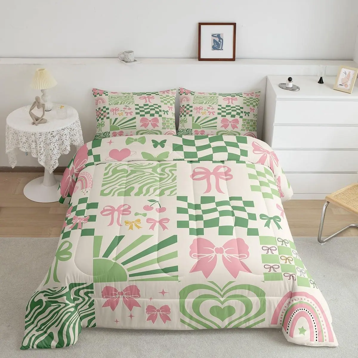 Feelyou Multi-Size Patchwork Bedding Set - Pink Bowknot, Geometric Plaid Checkerboard Design, Rainbow Bow Tie Butterfly Pattern, Green Fashion Duvet Insert, Comforter, Pillowcases; Set Includes Core Pieces, Travel-Friendly Room Decor,sohochic