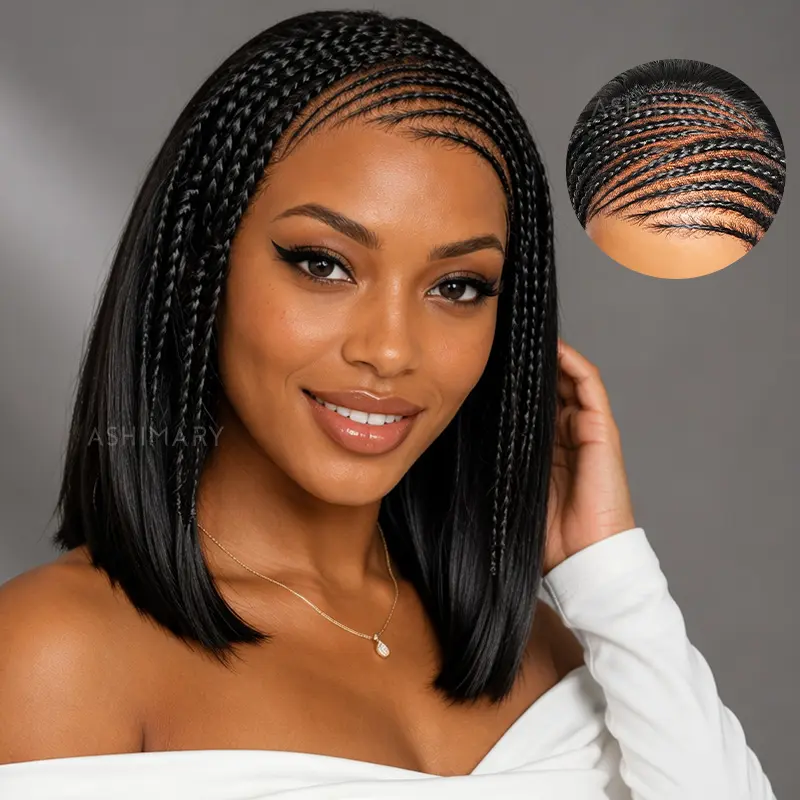 Cornrow Braids Straight Bob Wig 13x4 Lace Front Gluless Half Braided Seamless Knots Human Hair Wig