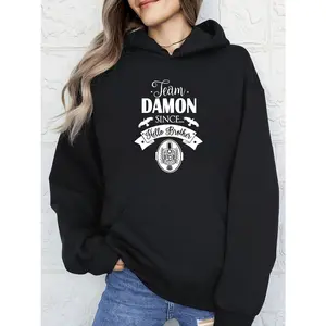 Women's Team Damon since Hello Brother Graphic Hoodie - Cotton Blend Black Long Sleeve Pullover Regular Fit |   Soft & Breathable Fabric, Durable Print, Everyday Comfort, Machine Washable, casual fashion indoor portrait