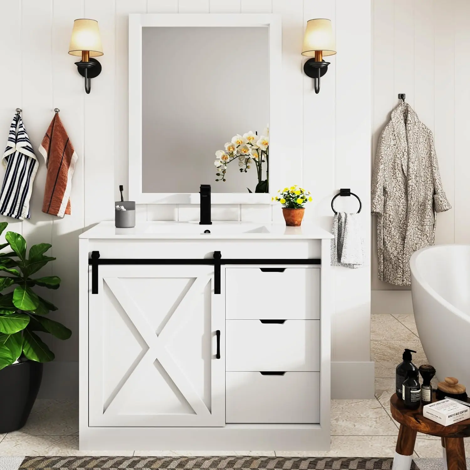 【2Packages Shipping】47.2 Inch/36 Inch/24 Inch Bathroom Vanity with Sink & Faucet & Mirror, Farmhouse Bathroom Vanity Cabinet Set with Sliding Barn Door & Drawers, Small Single Bath Storage Vanity Sink, Brown,White,Grey,Black