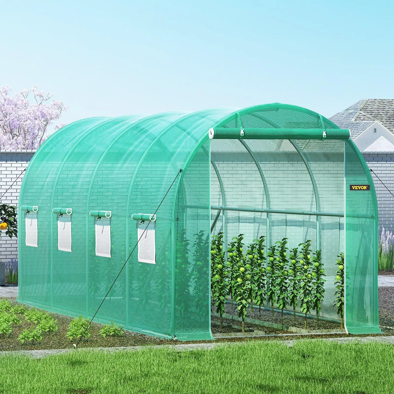 【Backtoschool】VEVOR Walk-in Tunnel Greenhouse Kit, 15x7x7 ft Outdoor Portable Plant Hot House with Galvanized Steel Hoops, 1 Top Beam, Diagonal Poles, Zippered Door, 8 Roll-up Windows, Green Waterproof PE Cover, Sun Protection