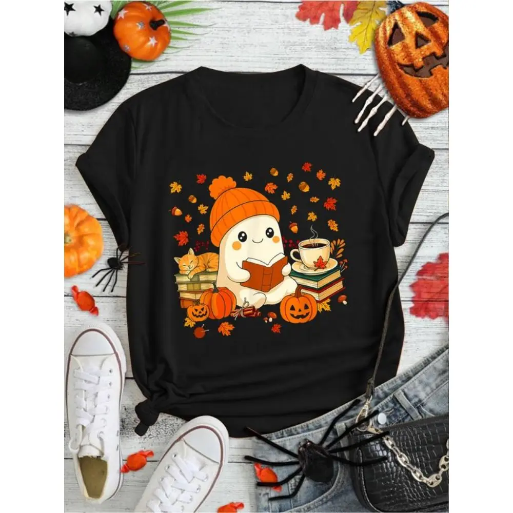 100% Cotton Cute Ghost Reading Book Lovers Autumn Fall Halloween Ghost T-Shirt Print Round Neck Short Sleeve Streetwear Fashion Breathable Homme Soft Unisex Designer Clothes For Women Casual Clothes