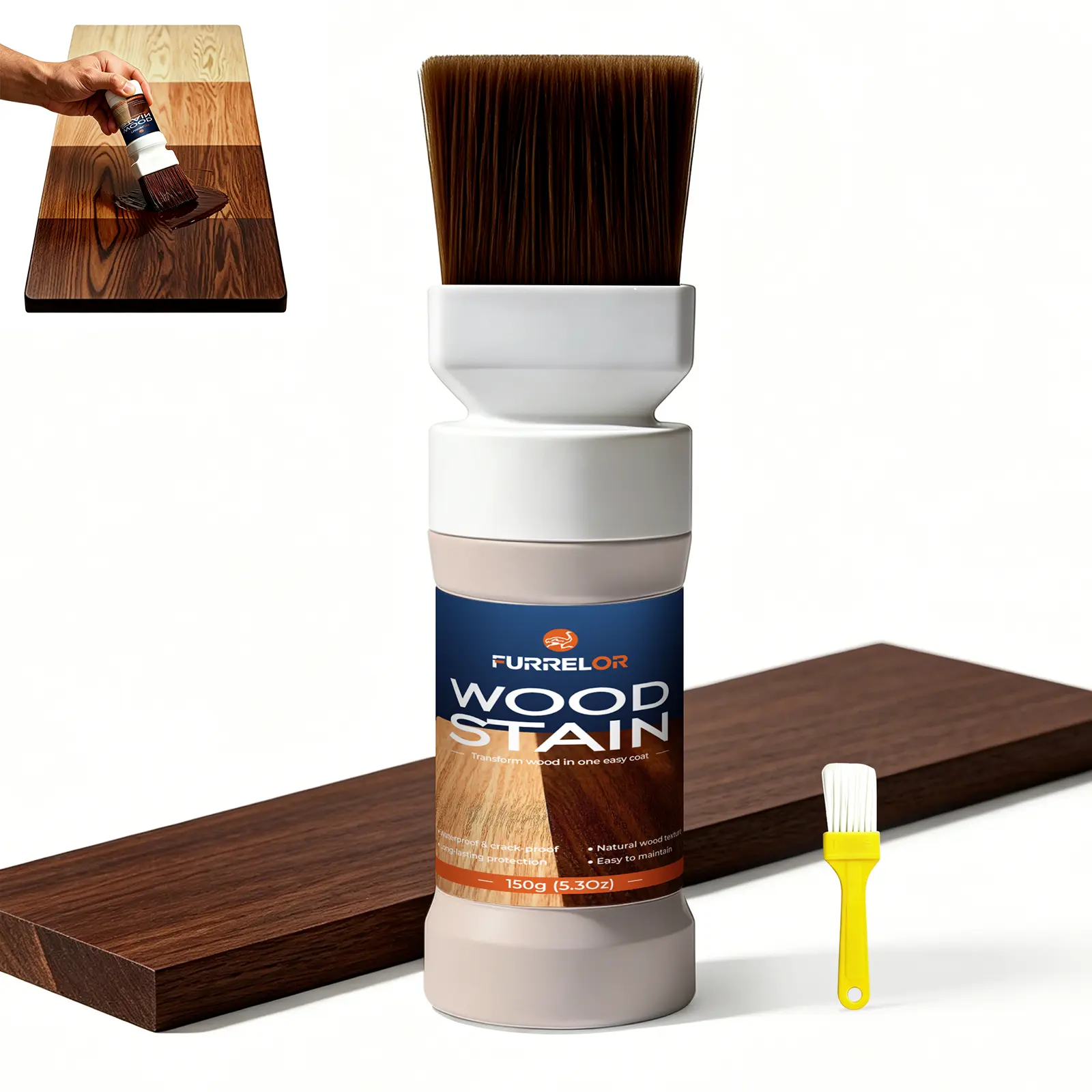 FURRELOR Water-Based Wood Stain and Sealer in One (5.3 Oz, Built-in Brush) - Both Safe, Primer-Infused, UV Protection, Teak/Pineapple Grid/Black Walnut Wood Grain Finish, Fast Drying for Furniture, Kitchen Cabinets, Decks, 5.3Oz, Graduation Gifts