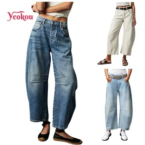 Yeokou Women's Baggy Boyfriend Jeans Vintage Wide Leg Mid Rise Barrel Denim Ankle Pants