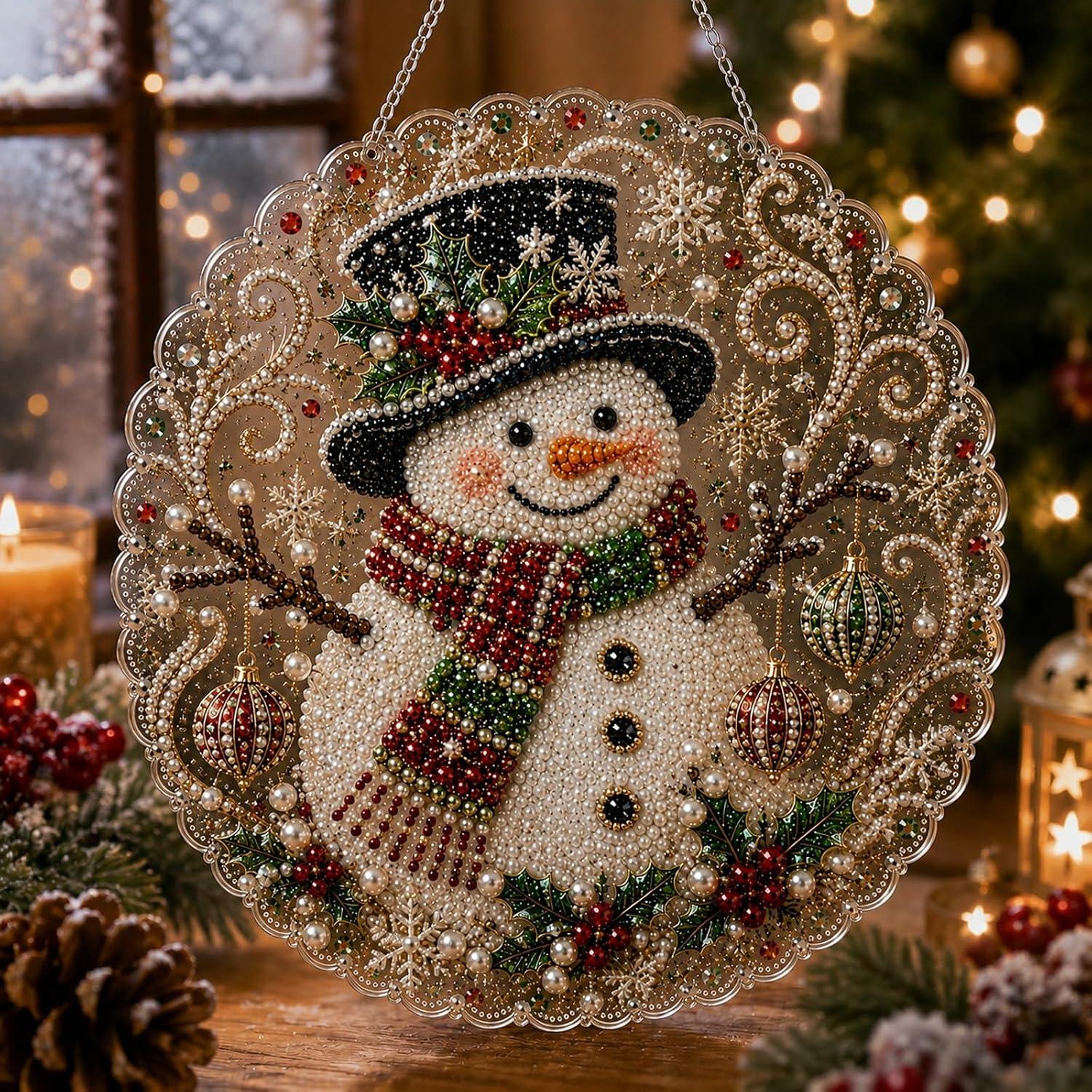 DIY Pearl Diamond Painting Suncatcher Handicraft Kit - 8in Round Lace Edge Acrylic Panel, Pre-Mounted Metal Chain, 3D Mixed Pearls, Christmas Holiday Ornament Gift for Home Window Wall Decoration, DIY Kits, Pre-Mounted Set
