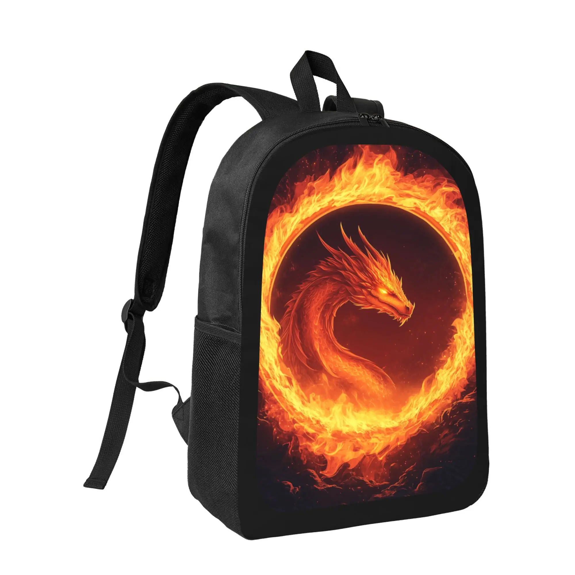 Fiery Dragon Ring Backpack - Dragon Print School Bag for Boys & Girls, Lightweight Large Capacity with Adjustable Straps, Durable Black & Orange Bookbag for Teens, School, Travel, Everyday Use - Fantasy-Themed Backpack, for Teenager