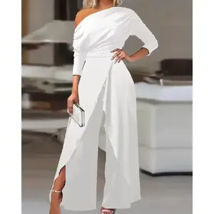 Plain pleated split style women's jumpsuit, elegant wide leg jumpsuit suitable for daily wear on dates, women's workwear, four season women's long sleeved style