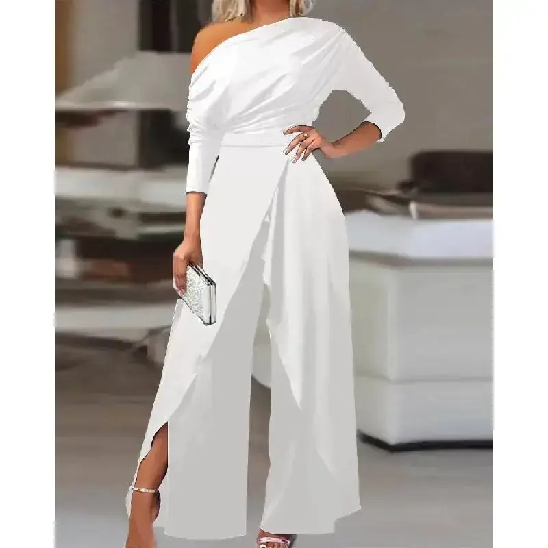(New)Plain pleated split style women's jumpsuit, elegant wide leg jumpsuit suitable for daily wear on dates, women's workwear, four season women's long sleeved style