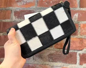 Stockyard black checkered cowhide wallet wristlet