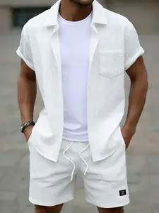 ZAFUL Men's Geometric Embossed Textured Front Pocket Button Up Short Sleeves Shirt And Patch Design Drawstring Casual Shorts Set business
