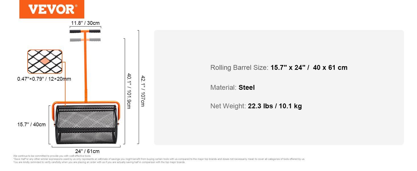 VEVOR Compost Spreader Peat Moss Spreader 24 inch Wide 24.4-26.4" Height Adjustable Lawn & Garden Spreaders Compost, Top Soil, Mulch - Durable Lightweight Multi-Purpose Yard Care Equipment