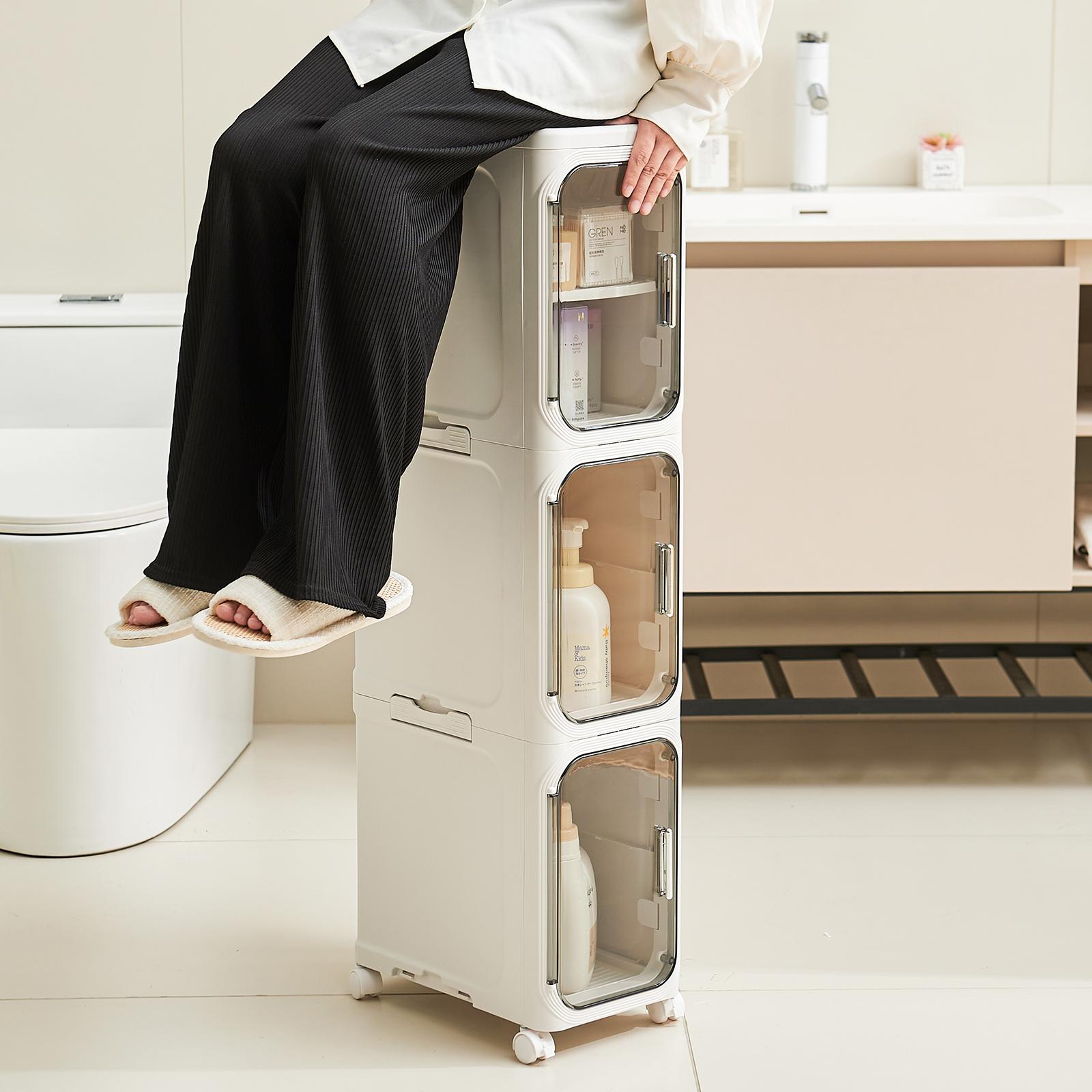 UFORU four-layer tall and narrow storage cabinet, made of plastic, with a slim design, doors and adjustable shelves, wheels, stackable and foldable, suitable for small spaces, bathrooms and kitchens.
