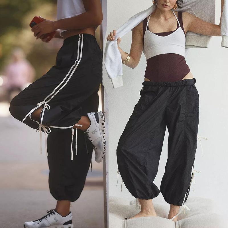 SCUSTY Trendy Side Bow Pants Women's Parachute Cargo Trousers Elastic High Waist Full Twist Hiking Casual Comfy Pocket Bottoms Black Minimalist
