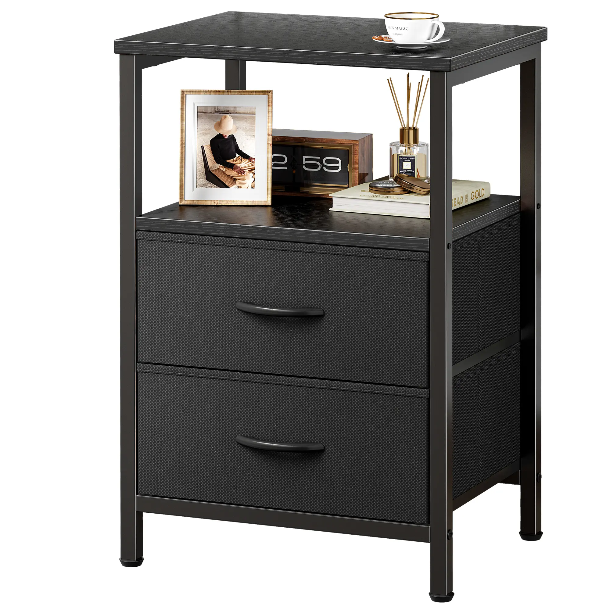 Huuger Night Stand with 2 Drawers, Bed Side Table with Open Shelf, Wooden Top, End Table for Small Space, Bedroom, Fabric Drawer, Bedside Tables, Sofa Side Table