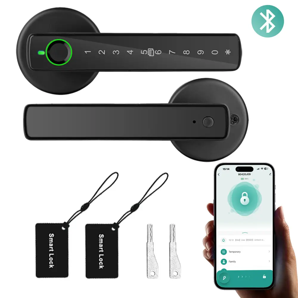 Smart Fingerprint Door Handle Lock, Tuya Bluetooth App Supported, 5-in-1 Access: Fingerprint, Passcode, IC Card, Physical Key, Keypad Lock, Aluminum Alloy Replacement Lock for US Interior Room, Garage & Office Doors, Electronic Door Lock With Handle sohoc