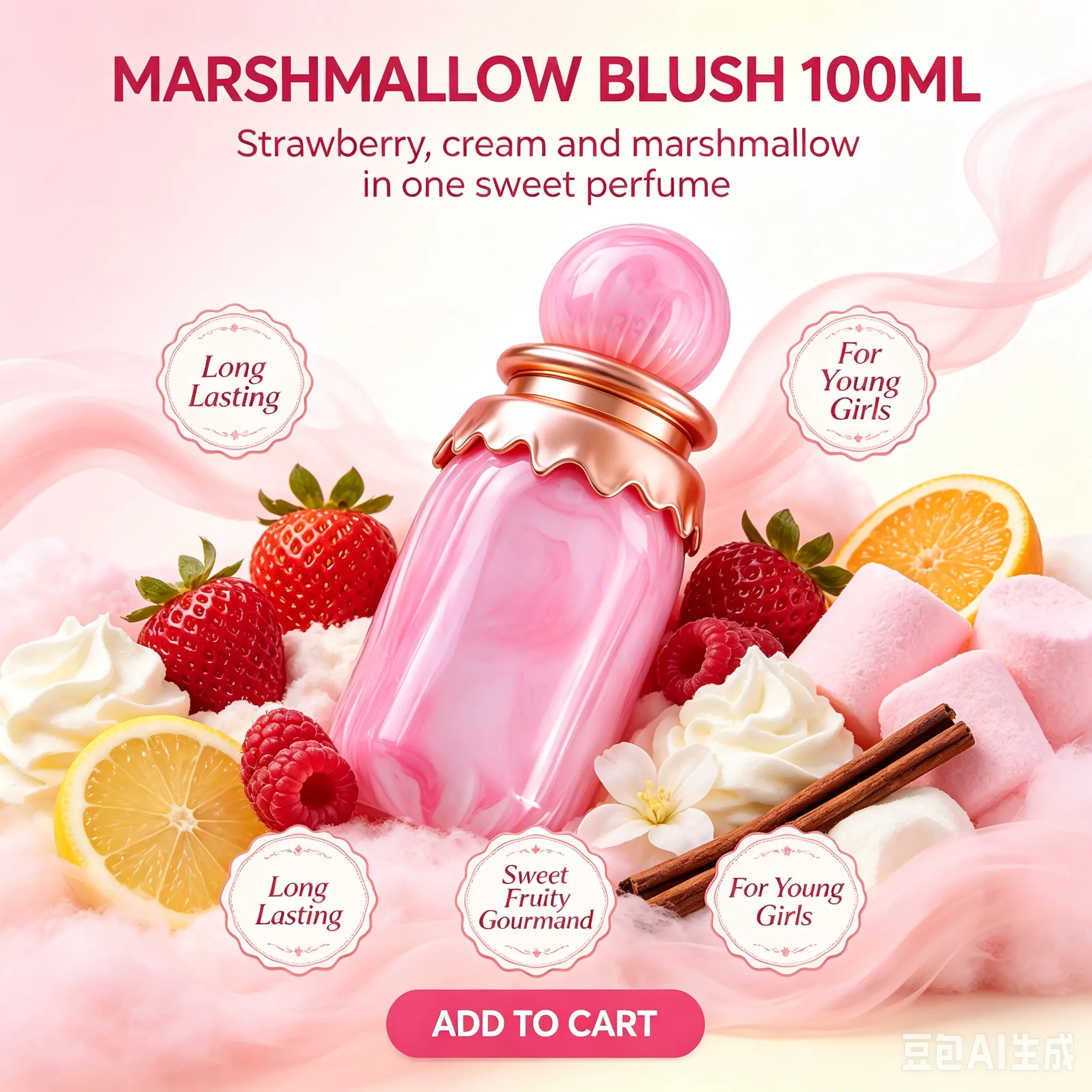 Women's Marshmallow Blush Natural Fragrance Body Mist, 3.4 fl oz (100ml) Long-Lasting Spray with Strawberry, Raspberry, Lemon & Cream Warm Gourmand Scent, Pink Marbled Decorative Bottle for Teens