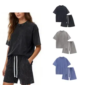Short Sets Outfits 2 Piece Summer Outfits Oversized T-Shirt Shorts Set Acid Wash Short Sleeve Tracksuit